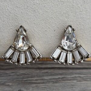 Wiesner Earrings Silver Rhinestone Art Deco Fan Screw Back Vintage Hollywood